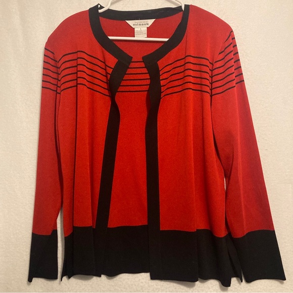 Exclusively Misook L Red Cardigan Long Sleeve Open Front Sweater Shoulder Pads - Picture 1 of 4